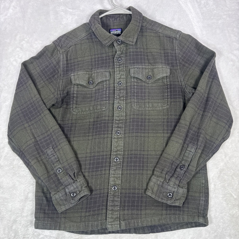 Patagonia Mens Small Fjord Flannel Shirt Organic Cotton Green Plaid Button Up